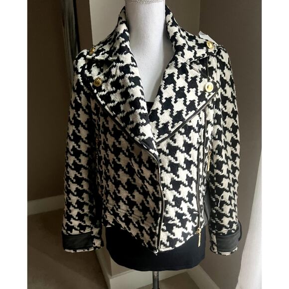 Apple Bottoms black and white herringbone asymmetric moto jacket size small - Picture 2 of 8